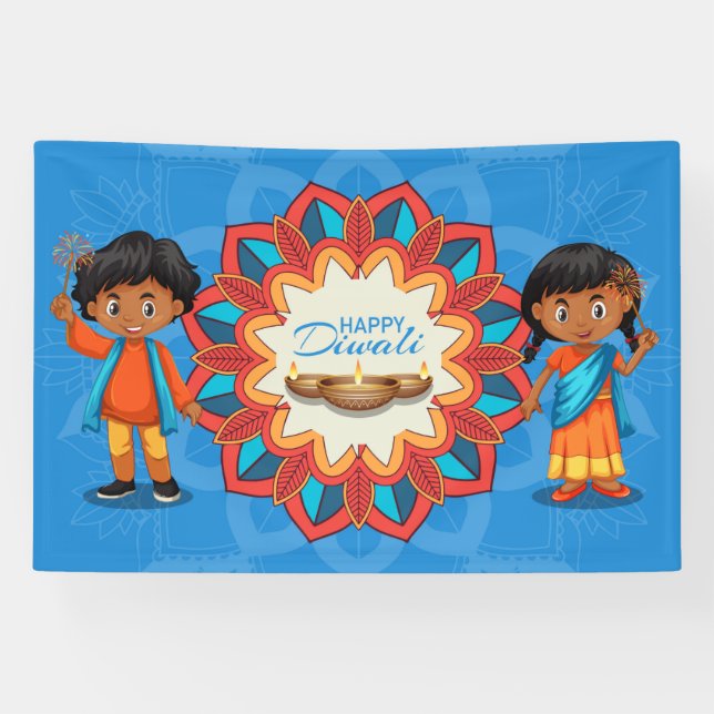 Banderoles Joyeux Diwali avec les enfants, Rangoli et Diya (Horizontal)
