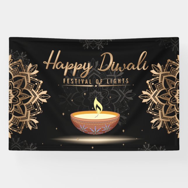 Banderoles Joyeux Diwali avec Rangoli et Diya (Horizontal)