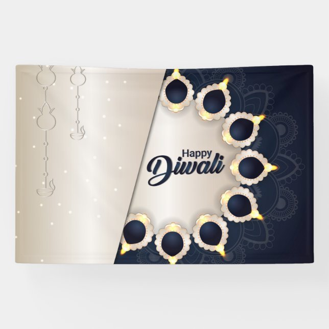 Banderoles Joyeux Diwali avec Rangoli et Diya (Horizontal)