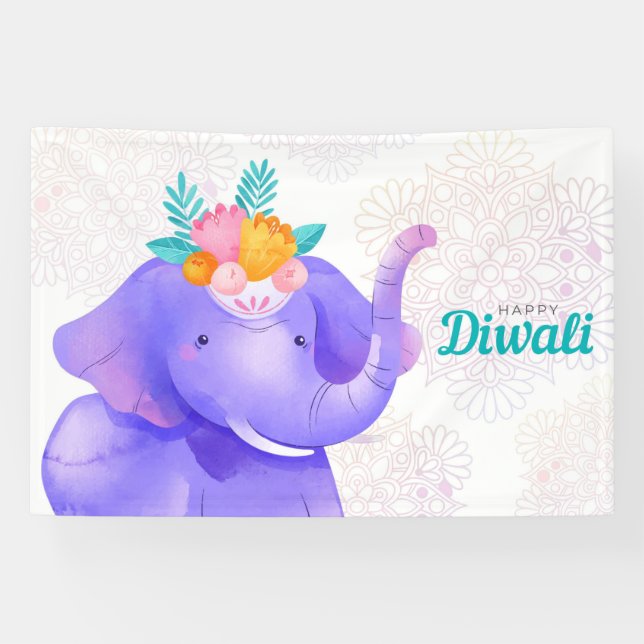 Banderoles Joyeux Diwali avec Rangoli et Elephant (Horizontal)