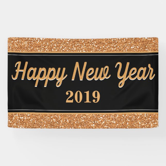 Banderoles Joyeux Nouvel An Gold Parties scintillant Noir (Horizontal)