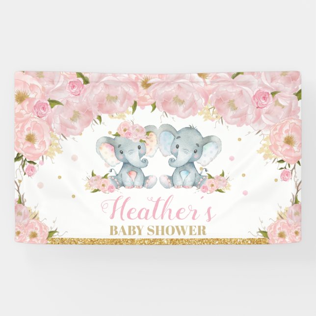 Banderoles Jumeaux floraux bleus Baby shower éléphant fond (Horizontal)
