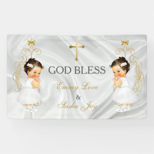Banderoles Jumelles Fille Baptême Christening Or