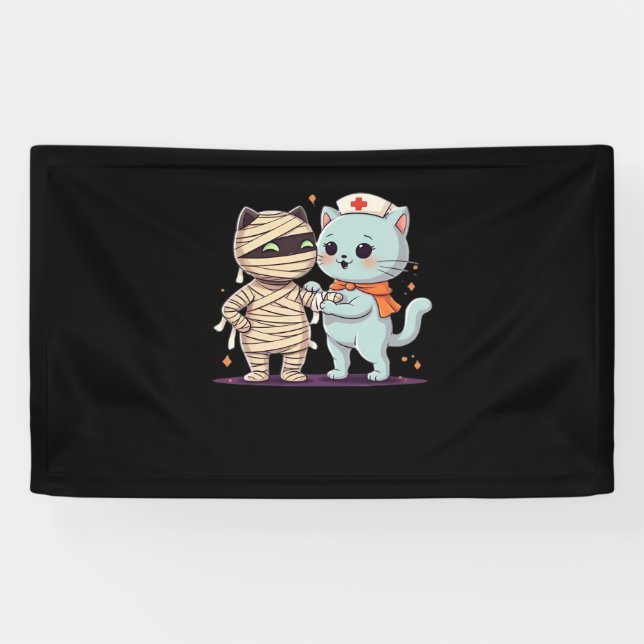 Banderoles Kawaii Halloween Pals maman et infirmière chat sur (Horizontal)