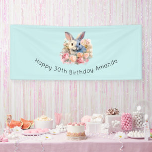 Banderoles Lapin avec une guirlande de roses Joyeux anniversa