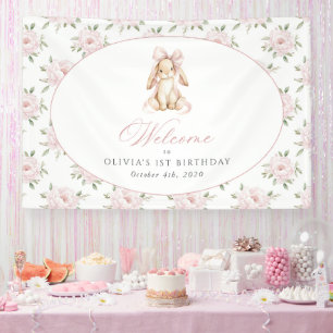 Banderoles Lapin, Nœud, Fleurs Roses, Bienvenue pour le Premi