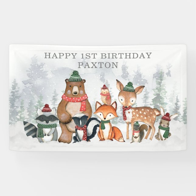 Banderoles Les animaux des forêts d'hiver de neige joyeux ann (Horizontal)