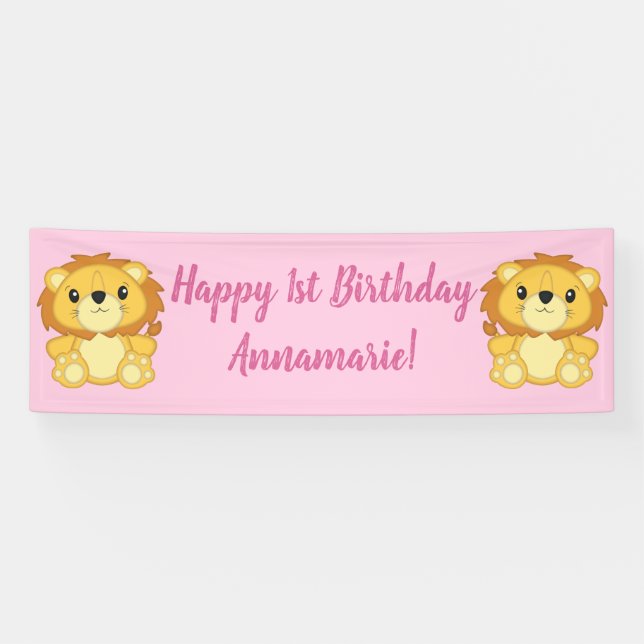 Banderoles Lion fête d'anniversaire rose (Horizontal)