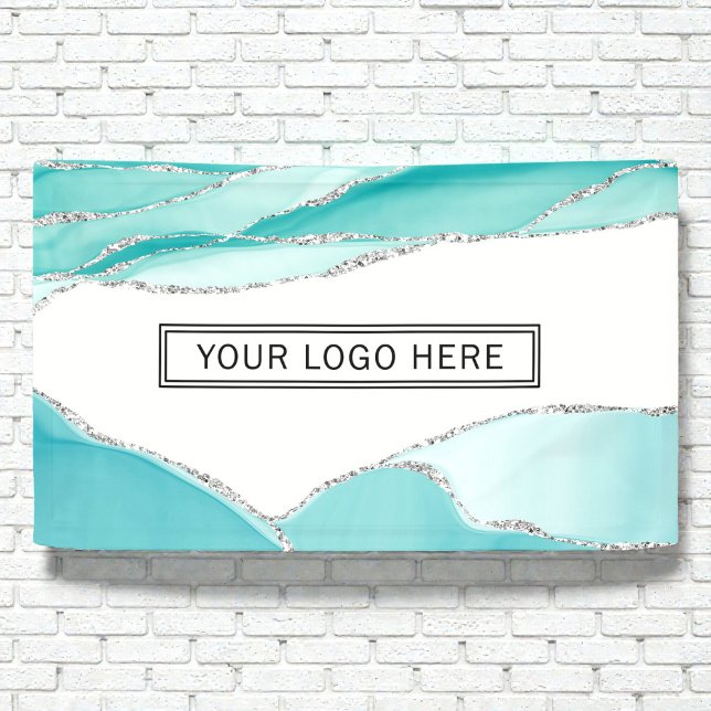 Banderoles Logo aquarelle vert menthe sarcelle agate paillett (Silver Glitter Agate Teal Mint Watercolor Logo Banner)