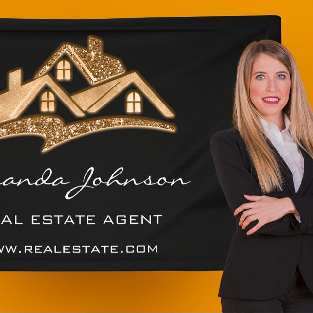 Banderoles Logo Personnalisé Maison Agent Immobilier Gold Squ (Custom Logo House Real Estate Agent Gold Black Squ Banner)