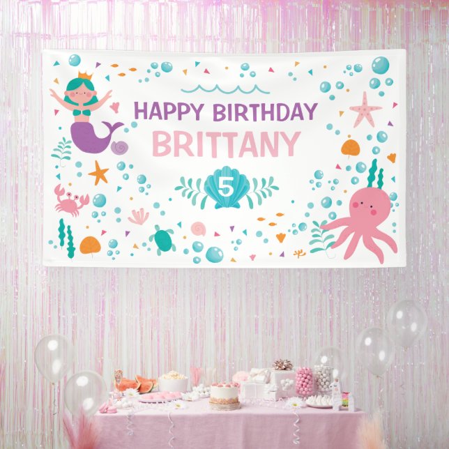 Banderoles Lona Mermaid Under the Sea birthday banner (Fête)