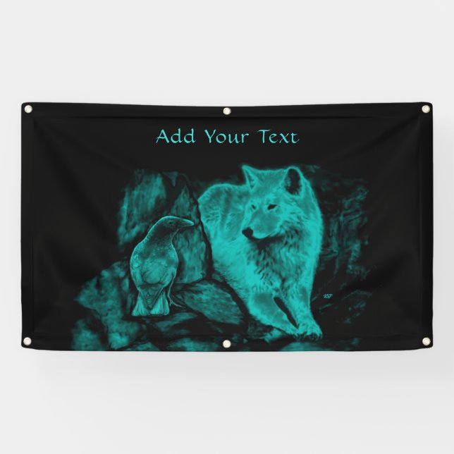 Banderoles Loup et corbeau dans la nuit (Horizontal)