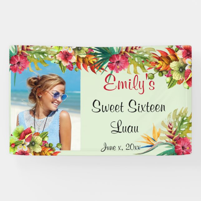 Banderoles Luau pour les Seize Ans, Hibiscus Rouge, Personnal (Horizontal)