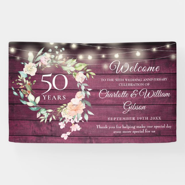 Banderoles Lumières florales rustiques 50e anniversaire Bienv (Horizontal)
