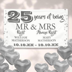 Banderoles M. Mme Right Fun 25e Anniversaire Cœurs d'Argent