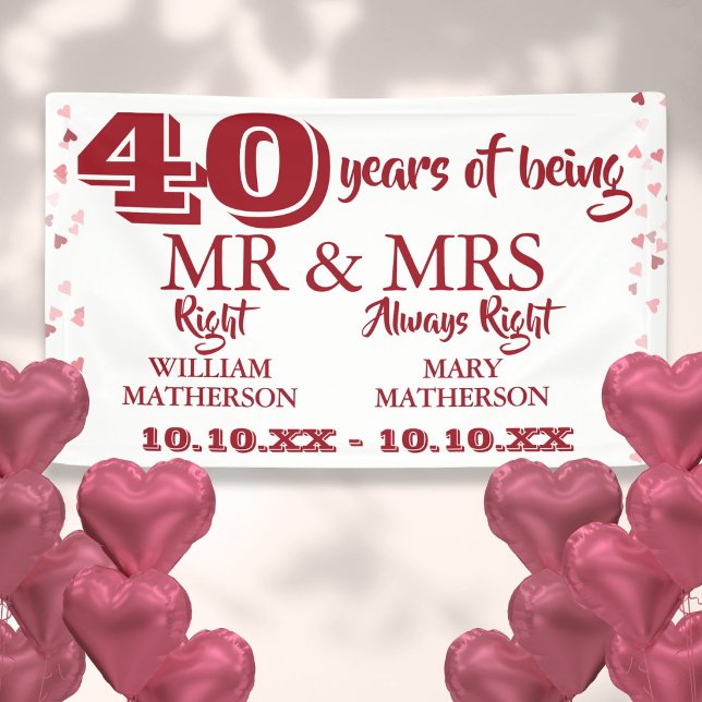 Banderoles M. Mme Right Fun 40e anniversaire Ruby Hearts (Mr Mrs Right Fun 40th Anniversary Ruby Hearts Banner)