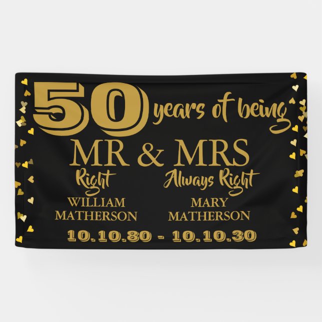 Banderoles M. Mme Right Fun Golden 50th Mariage Anniversary (Horizontal)