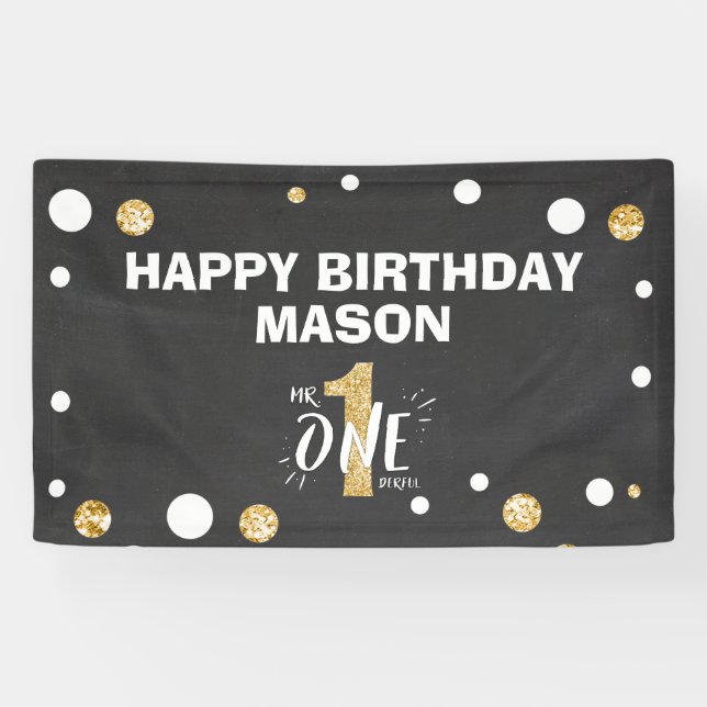 Banderoles M. Onederful Birthday Banner Boy Black Gold (Horizontal)