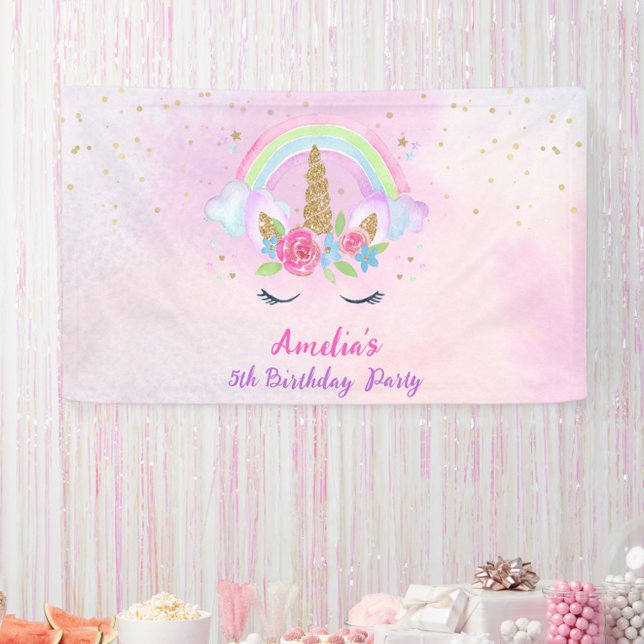 Banderoles Magique Unicorn Rainbow rose Anniversaire (Pink Magical Unicorn Rainbow Birthday Banner)