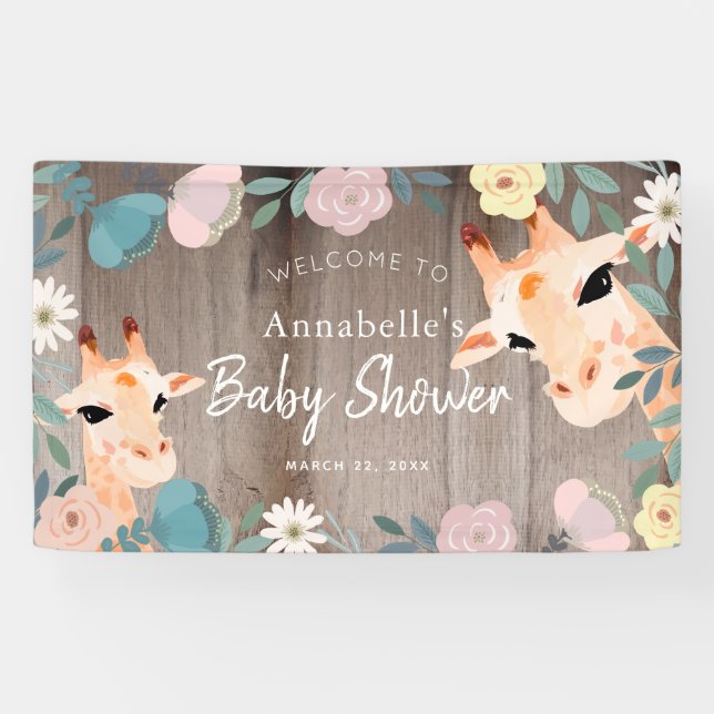 Banderoles Maman & Baby Giraffe Bois Baby shower Floral Bienv (Horizontal)