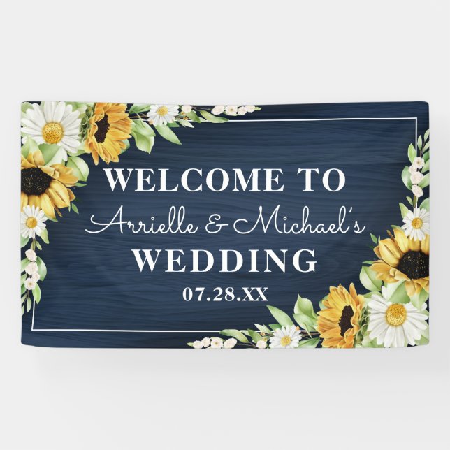 Banderoles Mariage Arrière - plan Rustic Sunflower Navy Blue  (Horizontal)