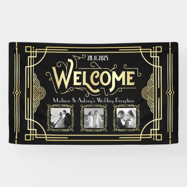 Banderoles Mariage Art déco Gold Black Gatsby Photo Bienvenue (Horizontal)