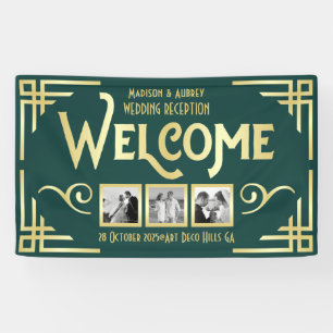 Banderoles Mariage Art déco Gold Green Trois photos Bienvenue