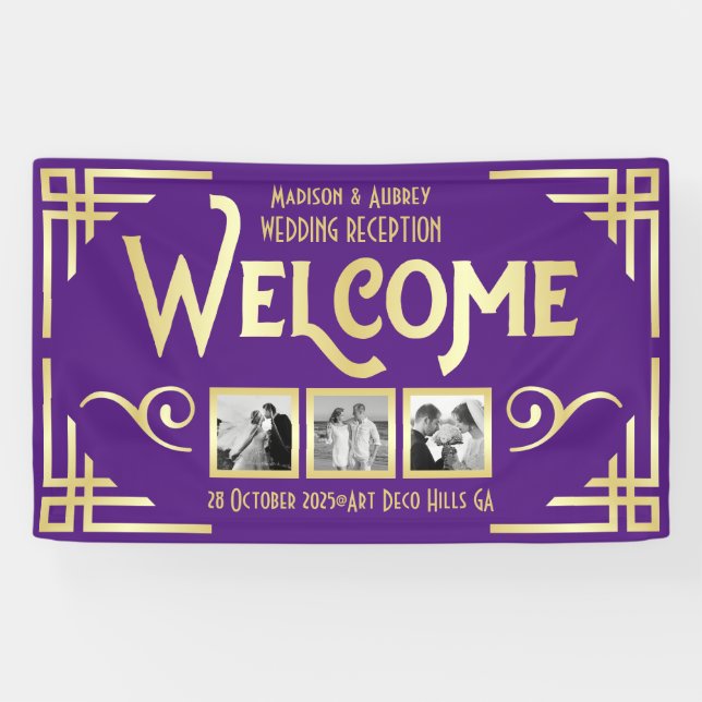 Banderoles Mariage Art déco Gold Purple Trois photos Bienvenu (Horizontal)