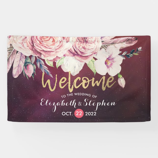 Banderoles Mariage Bienvenue Boho Floral Feathers Bourgogne R (Horizontal)