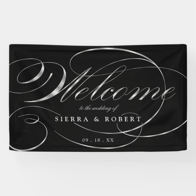 Banderoles Mariage Bienvenue Élégant Faux Foil Script Argent (Horizontal)