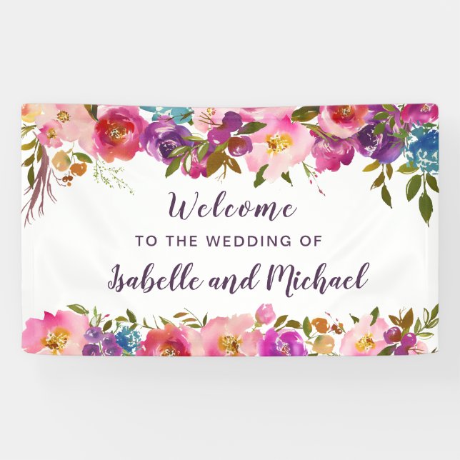 Banderoles Mariage Bienvenue Fleurs Aquarelle Rose et Violet (Horizontal)