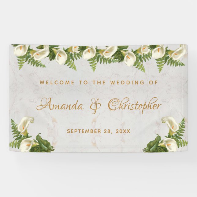 Banderoles Mariage Bienvenue Floral Blanc Calla Lilies Marbre (Horizontal)