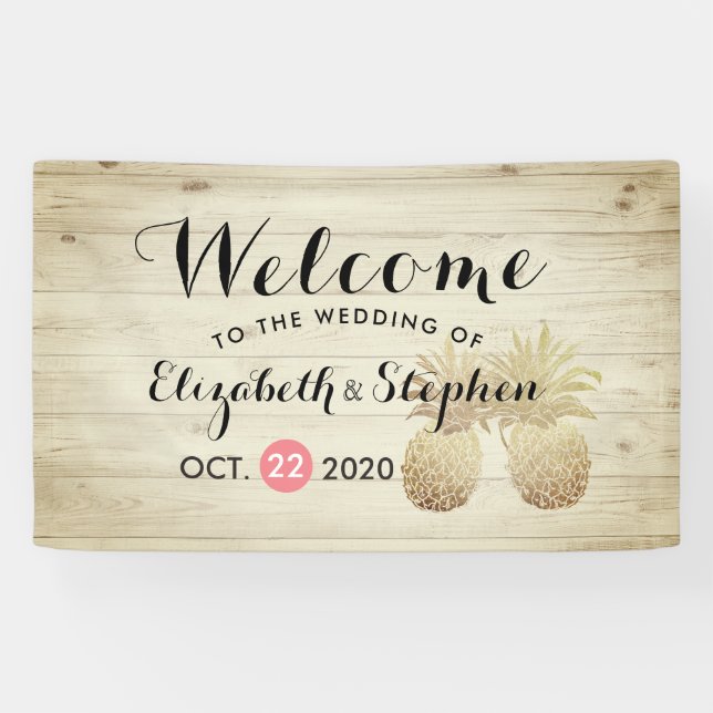 Banderoles Mariage Bienvenue Gold Ananas Couple Bois rustique (Horizontal)