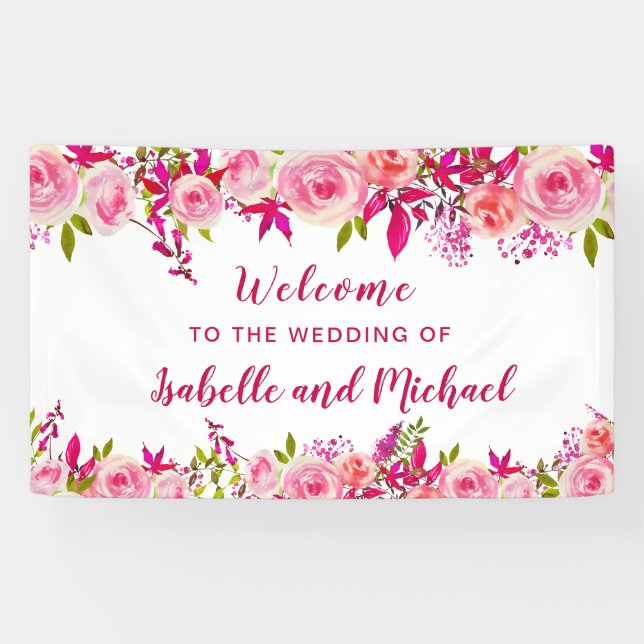 Banderoles Mariage Bienvenue Rose Rose Berry Aquarelle Floral (Horizontal)