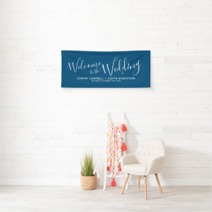 Banderoles Mariage blanc script texte bleu marine bienvenue