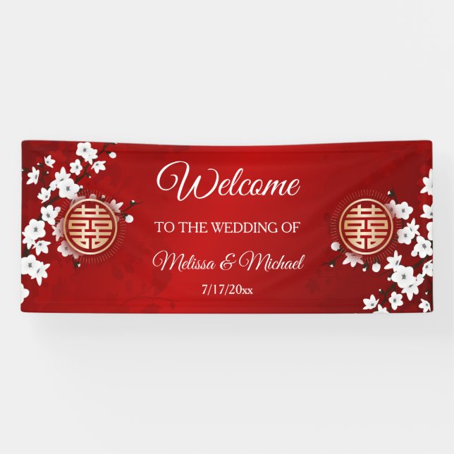 Banderoles Mariage chinois en fleurs de cerisier blanc (Horizontal)