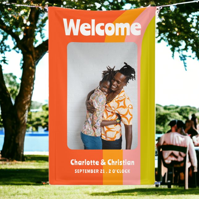 Banderoles Mariage d'accueil Gras Retro Citrus (Bold Retro Citrus Welcome Wedding Banner. a bold colorful fun banner from Ricaso. add photo)