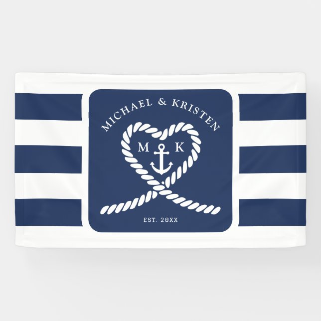 Banderoles Mariage d'Ancre du coeur rayé bleu marine (Horizontal)