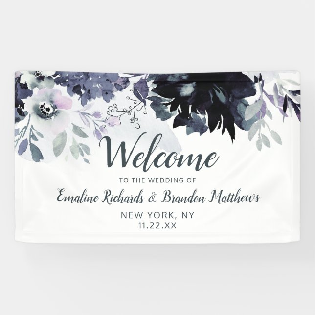 Banderoles Mariage d'aquarelle de la marine naturelle Florale (Horizontal)