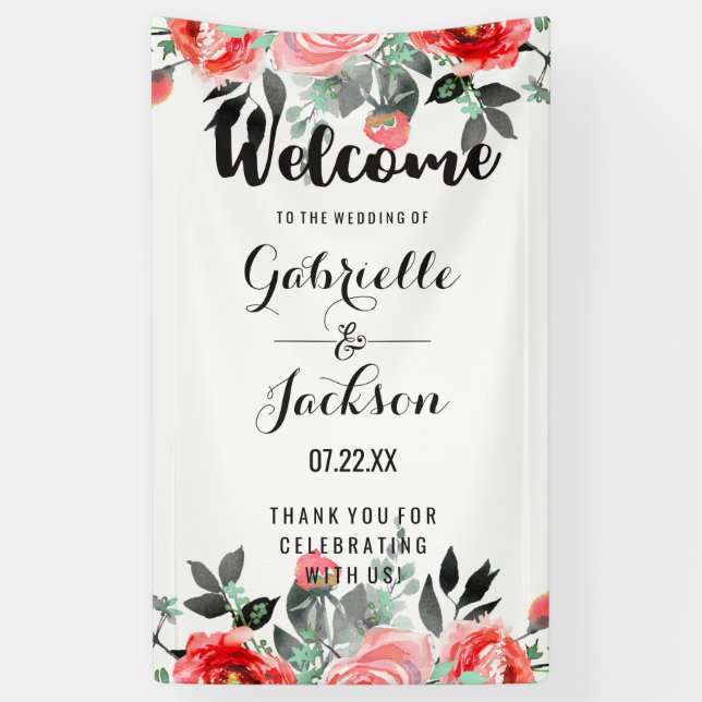 Banderoles Mariage d'aquarelle florale Pêche et menthe (Vertical)