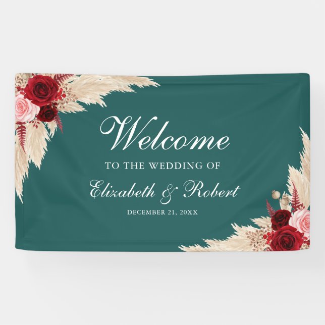 Banderoles Mariage de bienvenue des Roses de Bourgogne turquo (Horizontal)