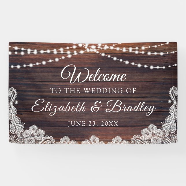 Banderoles Mariage de dentelle en bois rustique (Horizontal)