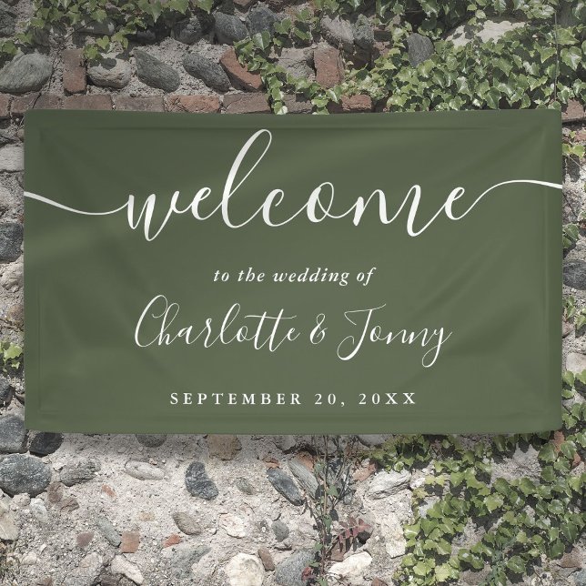 Banderoles Mariage de script vert olive Bienvenue (Olive Green Script Wedding Welcome Banner)