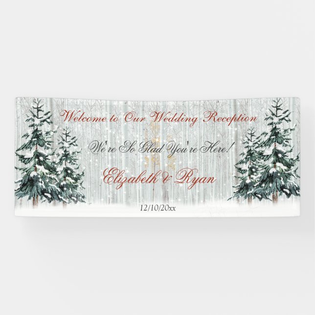 Banderoles Mariage en hiver sous les bouleaux et les pins (Horizontal)