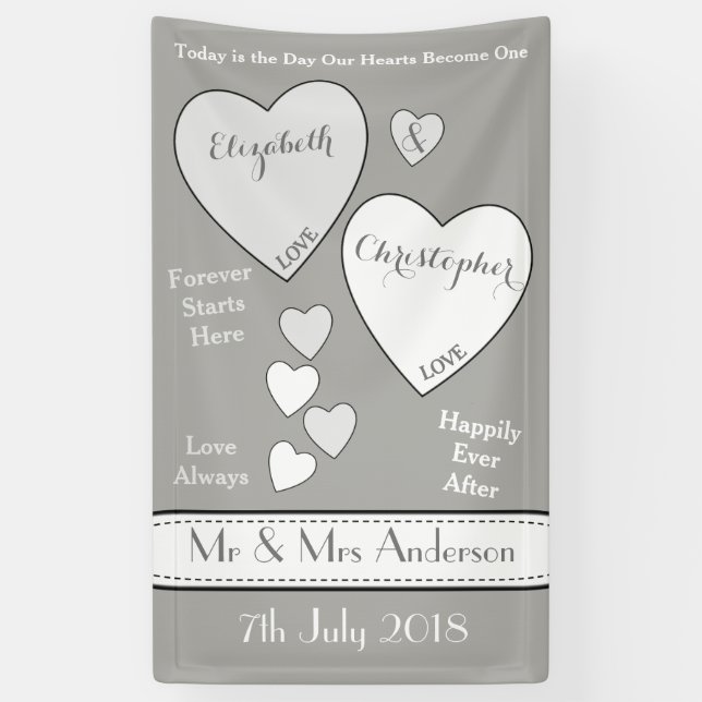 Banderoles Mariage fond gris et blanc avec coeur d'amour (Vertical)
