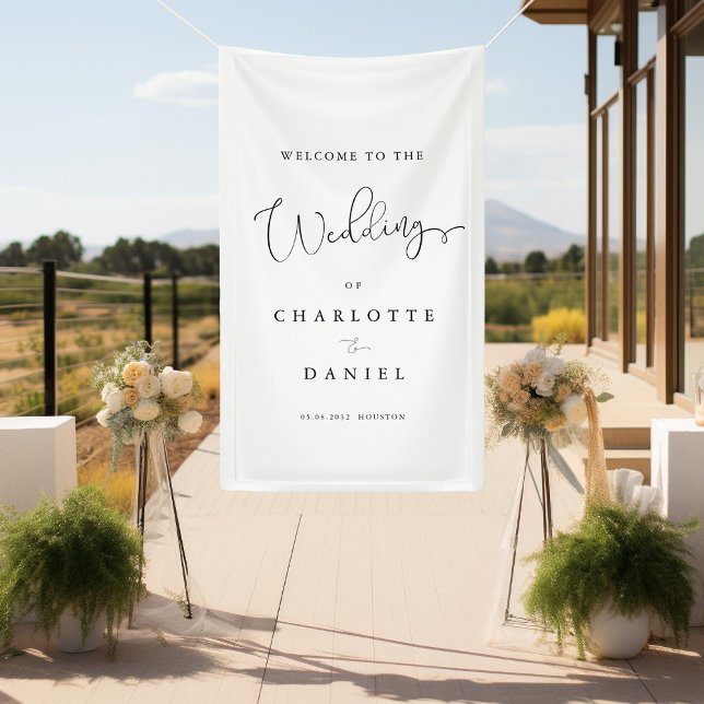 Banderoles Mariage moderne, minimal, blanc (Modern, minimal, white, wedding banner. Elegant with handwriting typography.)