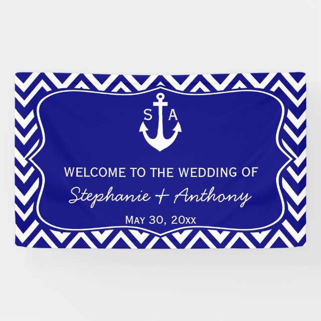 Banderoles Mariage nautique bleu et blanc de la marine (Horizontal)