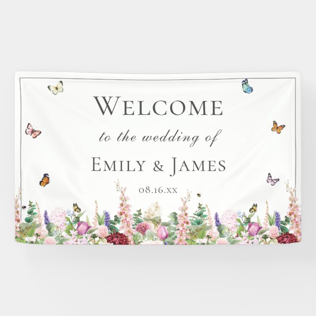 Banderoles Mariage Romantique Fleurs Roses & Papillons (Horizontal)