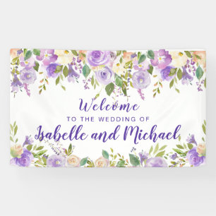 Banderoles Mariage Welcome Aquarelle florale violette et ivoi