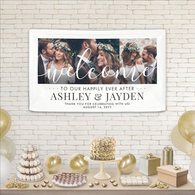 Banderoles Mariage Welcome Simple Chic Script 3 Photo Collage (Créateur téléchargé)